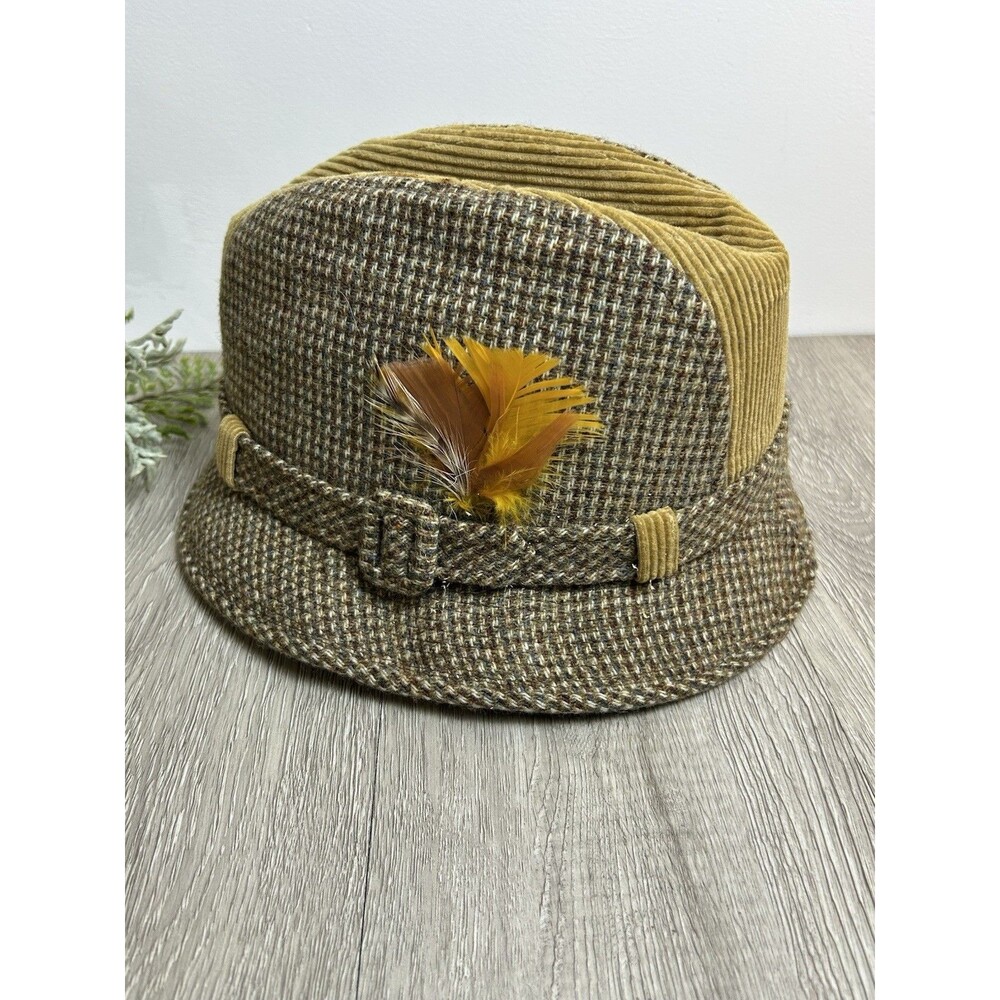 Vintage Knox New York Fedora Hat Houndstooth Wool Tweed Corduroy Sz 7 1/4